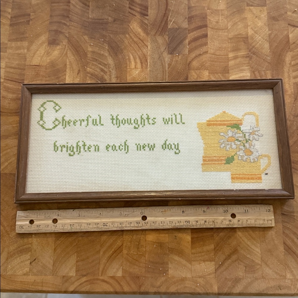 Framed Cross-Stitch Art with Yellow Teapot Design 13x6” with thin wood frame